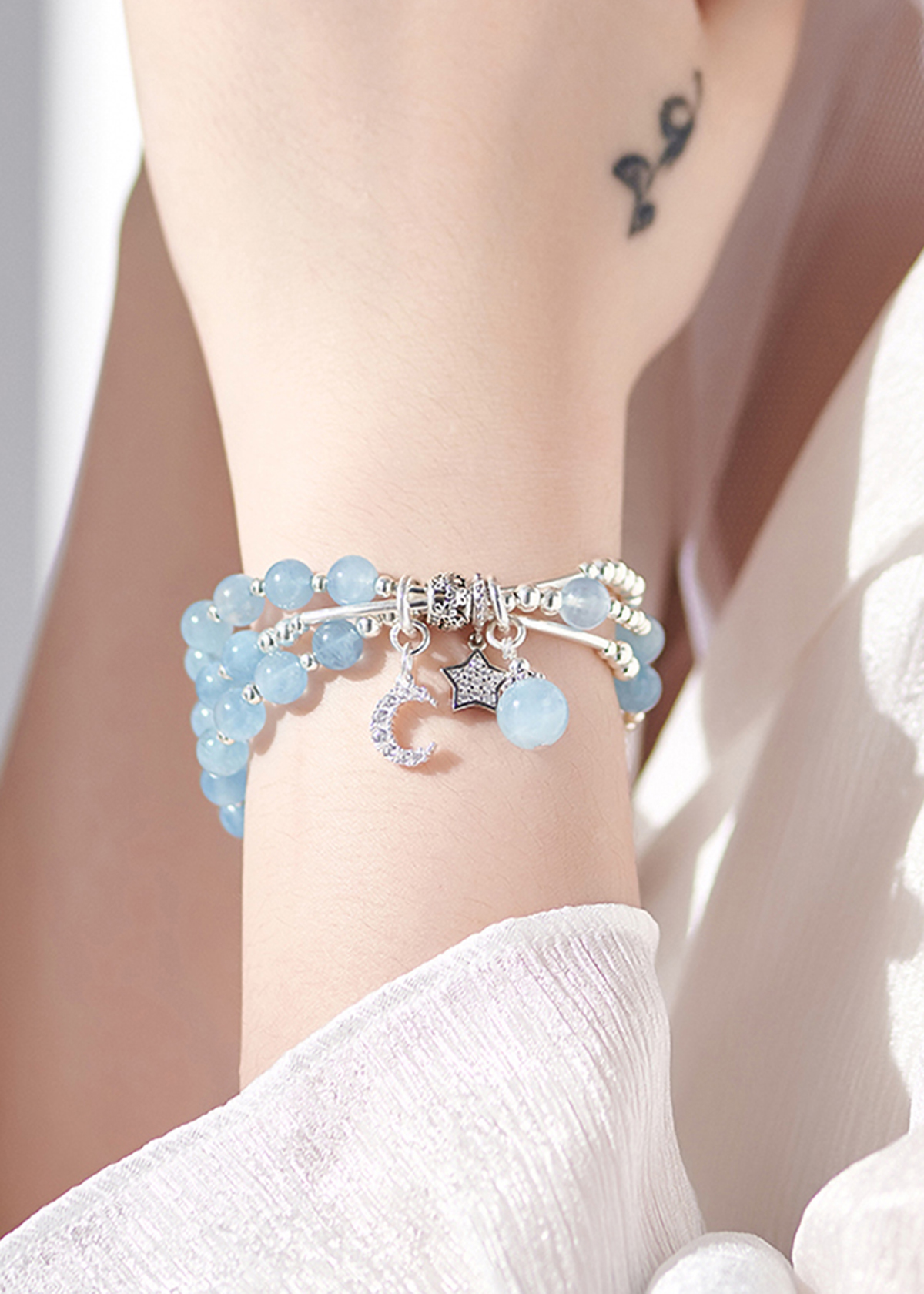 Vòng tay 3 line đá aqumarine charm bạc mệnh thủy, mộc - Ngọc Quý Gemstones