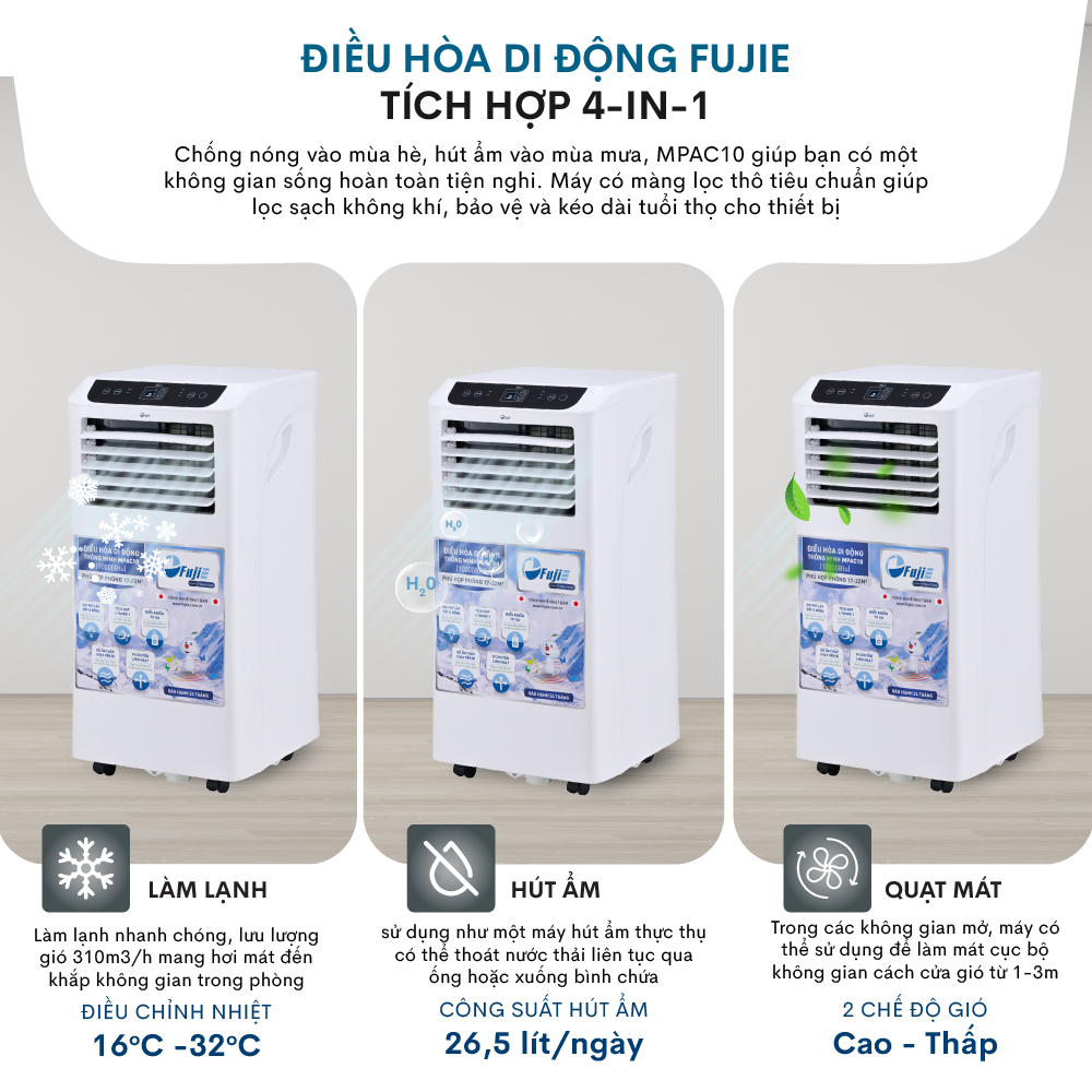 Điều hòa di động 9000 BTU-14.000 BTU FUJIHOME, máy lạnh đứng di động mini 4 chức năng, làm lanh, hút ẩm, lọc không khí, quạt điều khiển qua App, không cần lắp đặt - Hàng chính hãng