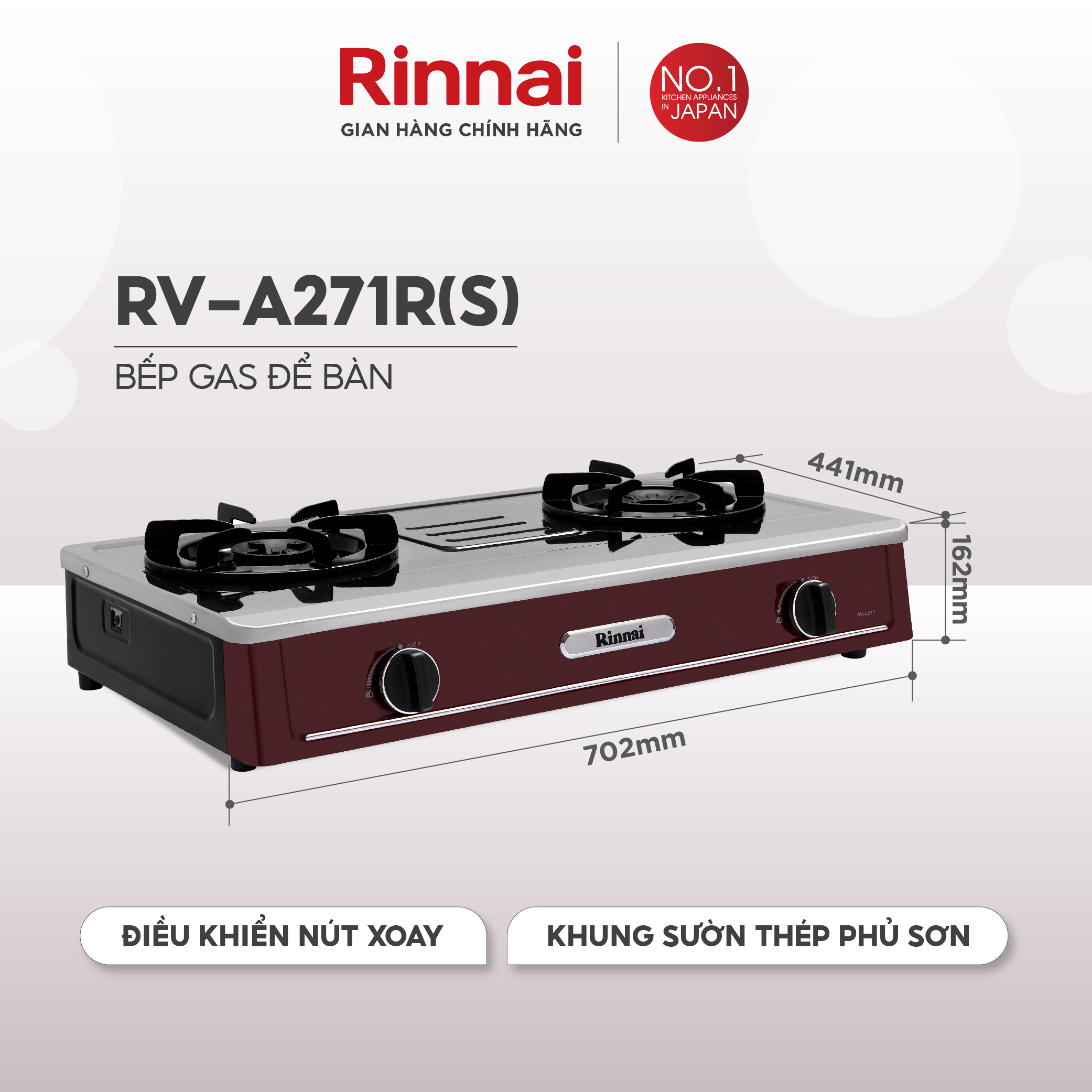 Bếp gas dương Rinnai RV-A271R(S) mặt bếp inox và kiềng bếp men - Hàng chính hãng.