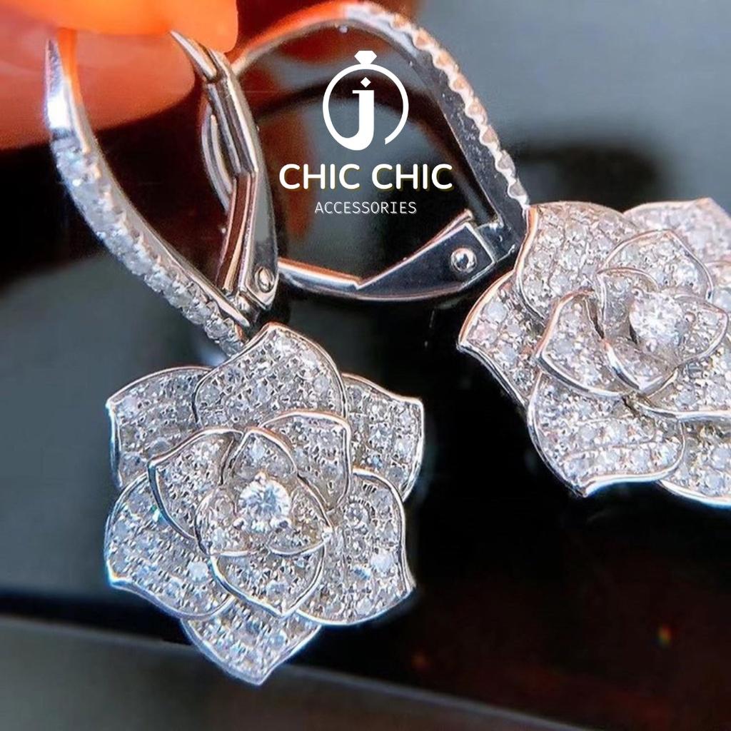 Bông tai Bạc Thời Trang Nữ Thả Hình Hoa Đính Đá Zircon Sang Trọng| Bông tai CHIC CHIC A104