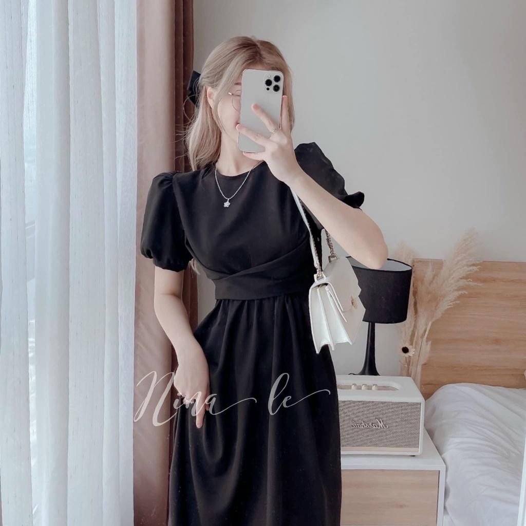 Đầm xoè đũi nhún eo nơ lưng tay phồng xinh xắn