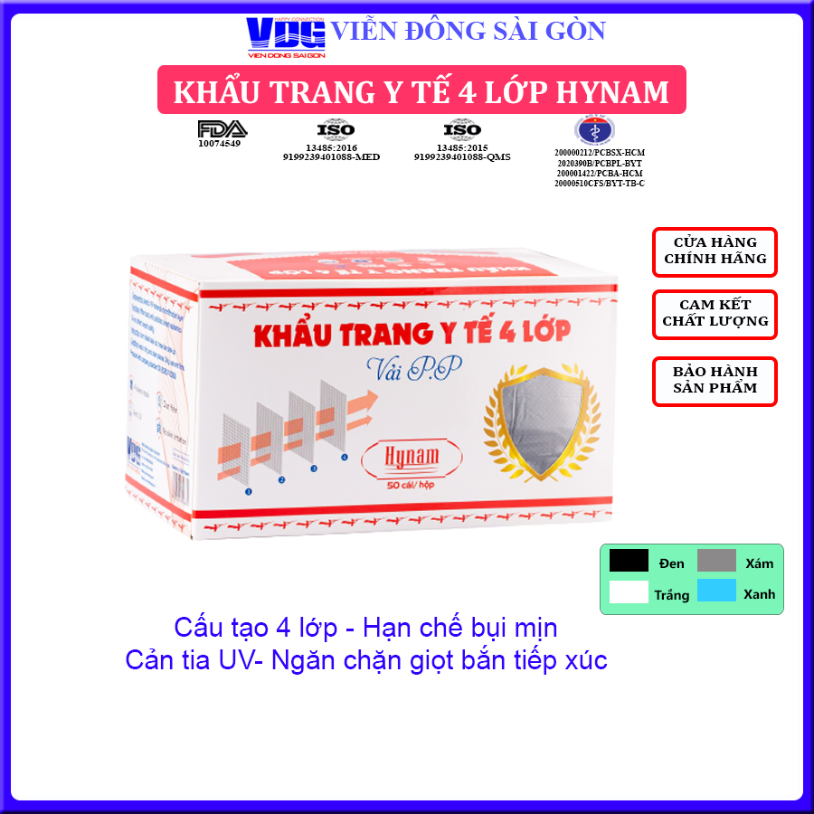 Khẩu trang y tế 4 lớp vải không dệt Hynam - (50 cái/ hộp) - Màu xám