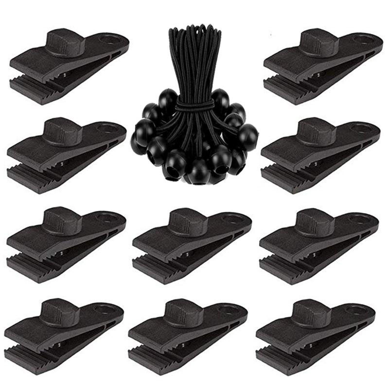 10/12Pcs Awning Tarp Clamp Set Tent Clips 10 Clip+Black Bungee