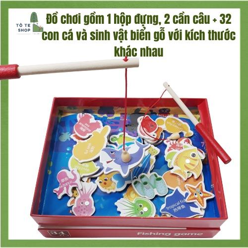 Bộ câu cá nam châm 32 con bằng gỗ, vừa chơi vừa học từ vựng tiếng Anh thông qua tên các loài cá.