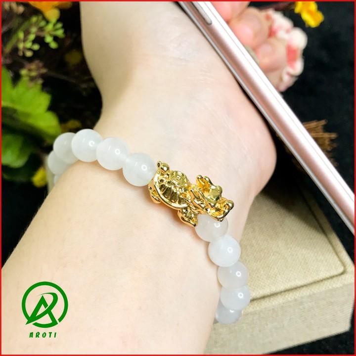 Vòng Tay Phong Thủy Kim - Vòng Tay Mã Não Trắng 8mm Mix Long Quy Vàng Độc Lạ V379-8