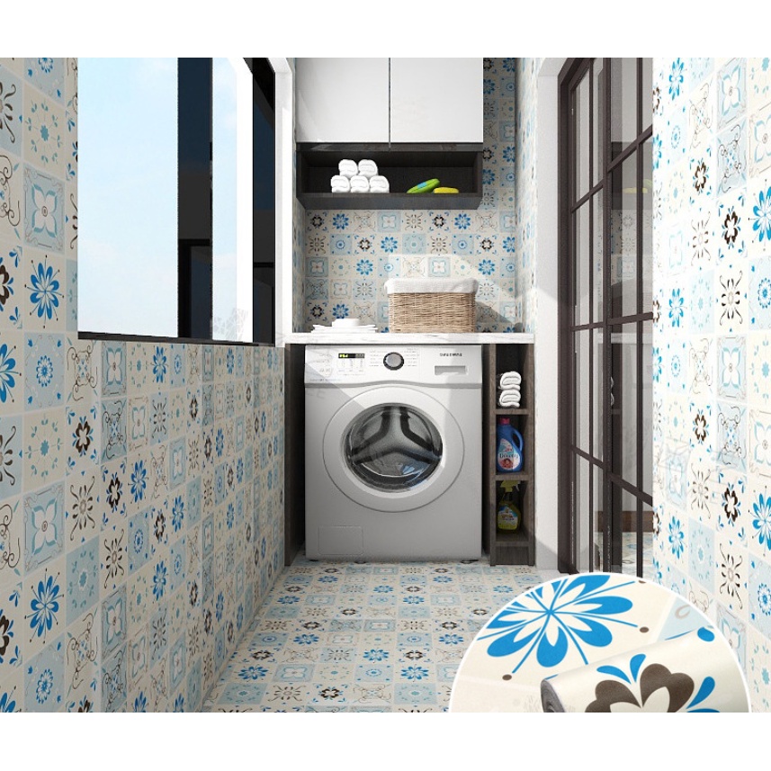Decal Giấy Dán Nền Sàn Nhà Trang Trí Nhà Cửa GẠCH HOA XANH HS2009 Có Keo Sẵn Khổ 60cm, GIÁ BÁN 1 MÉT DÀI