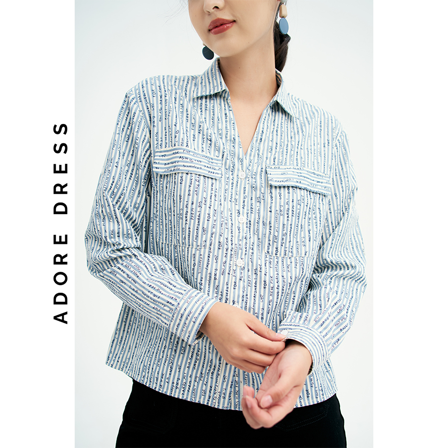 Áo sơ mi Shirts casual style thô sọc xanh cổ 313SH1083 ADORE DRESS