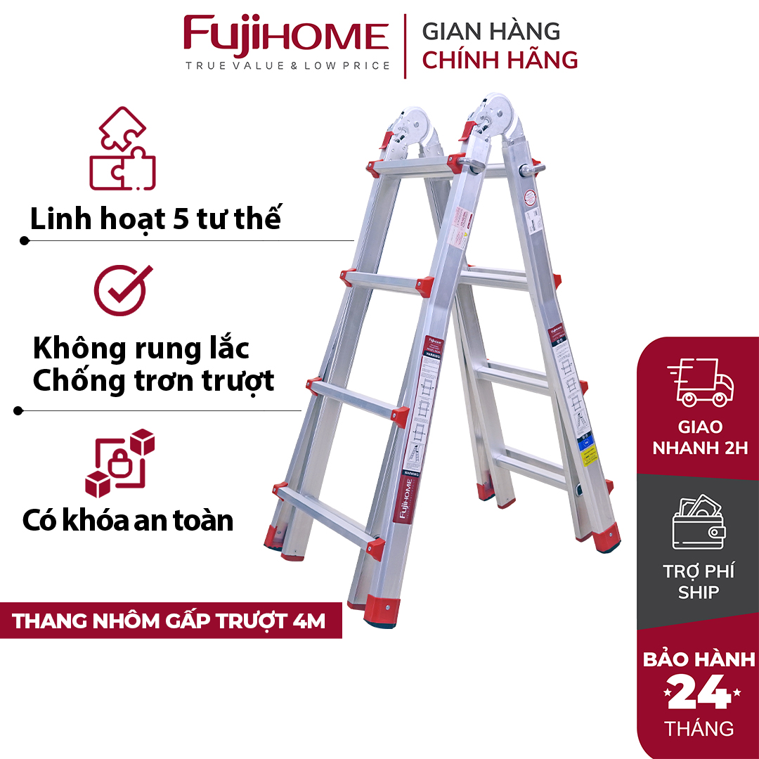 Thang nhôm trượt đa năng FUJIHOME ML44, thang gấp rút 4 đoạn cao chữ A 2m, chữ I 4 m linh hoạt 5 kích thước-Hàng chính hãng