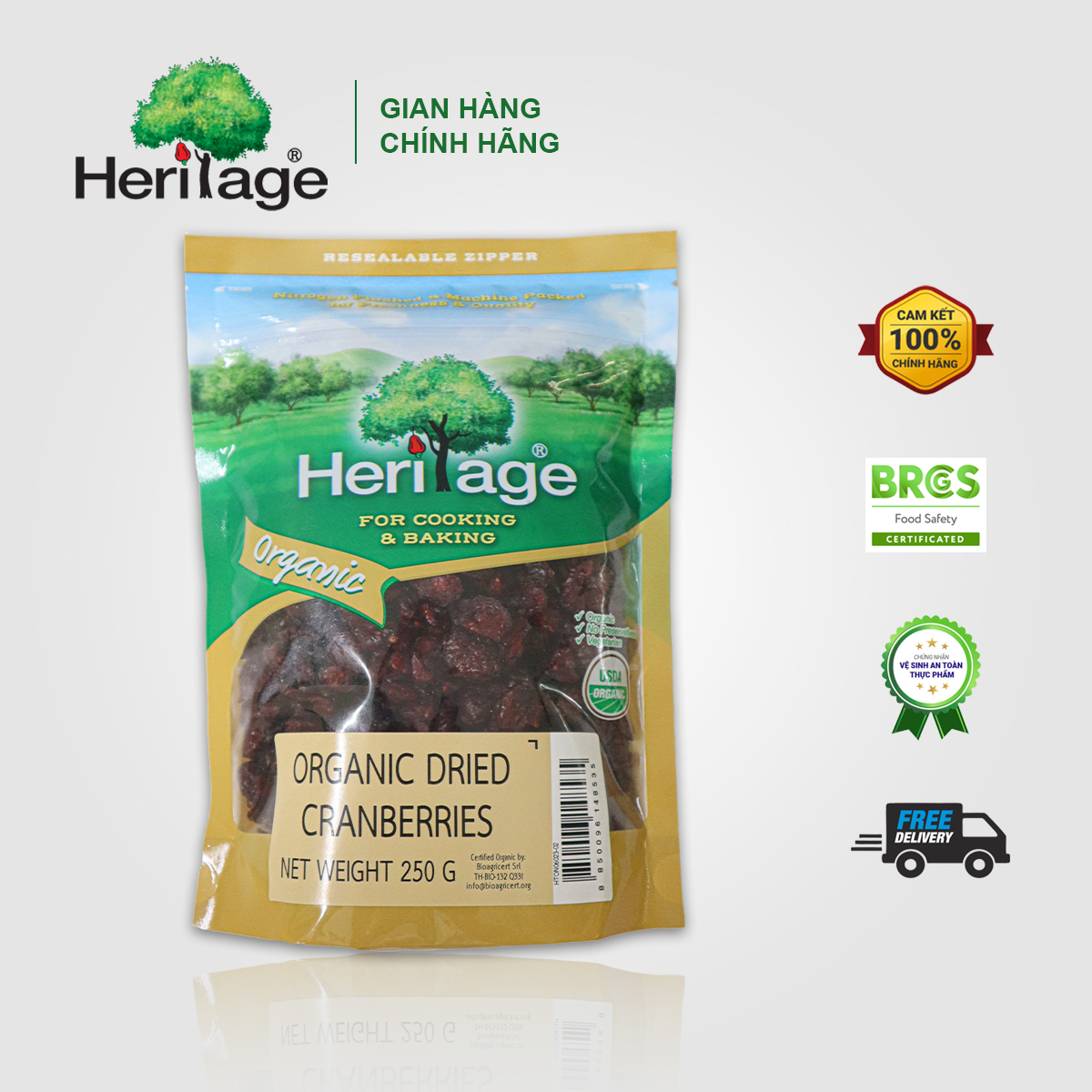Quả Nam Việt Quất  Sấy Khô Hữu Cơ Heritage Nguyên Liệu Mỹ gói 250g  - Organic Dried Cranberries