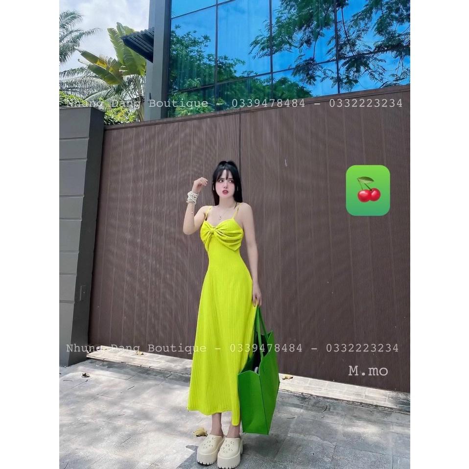 Đầm 2 dây form dài phối nơ to chất Thun Gân - Đầm 2 dây nữ tánh bánh bèo