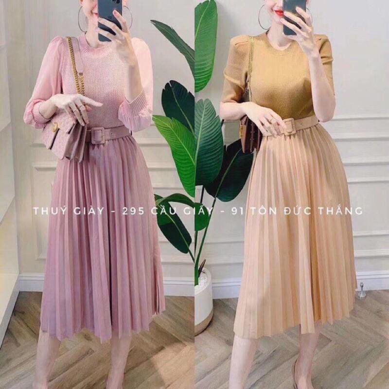 Chân váy xếp li dáng dài kèm đai có nhiều màu,video,ảnh thật