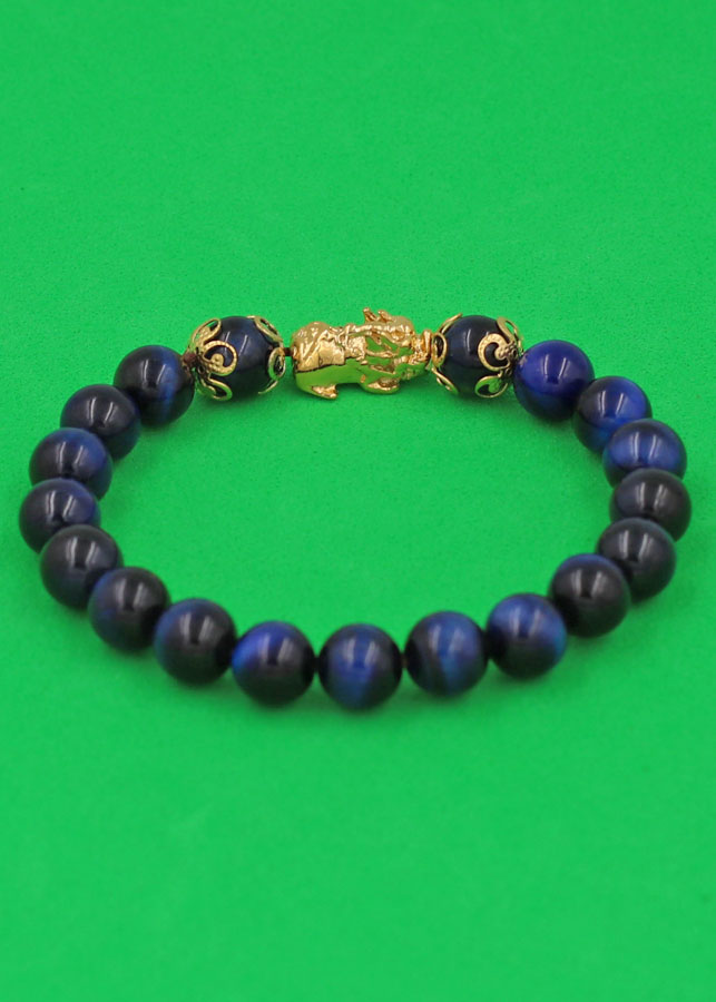 Vòng đeo tay Đá Mắt Hổ Xanh Đen 8 ly - cẩn Tỳ Hưu Phong Thủy inox vàng VMHXETHHKV8 - hợp mệnh Mộc, mệnh Thủy