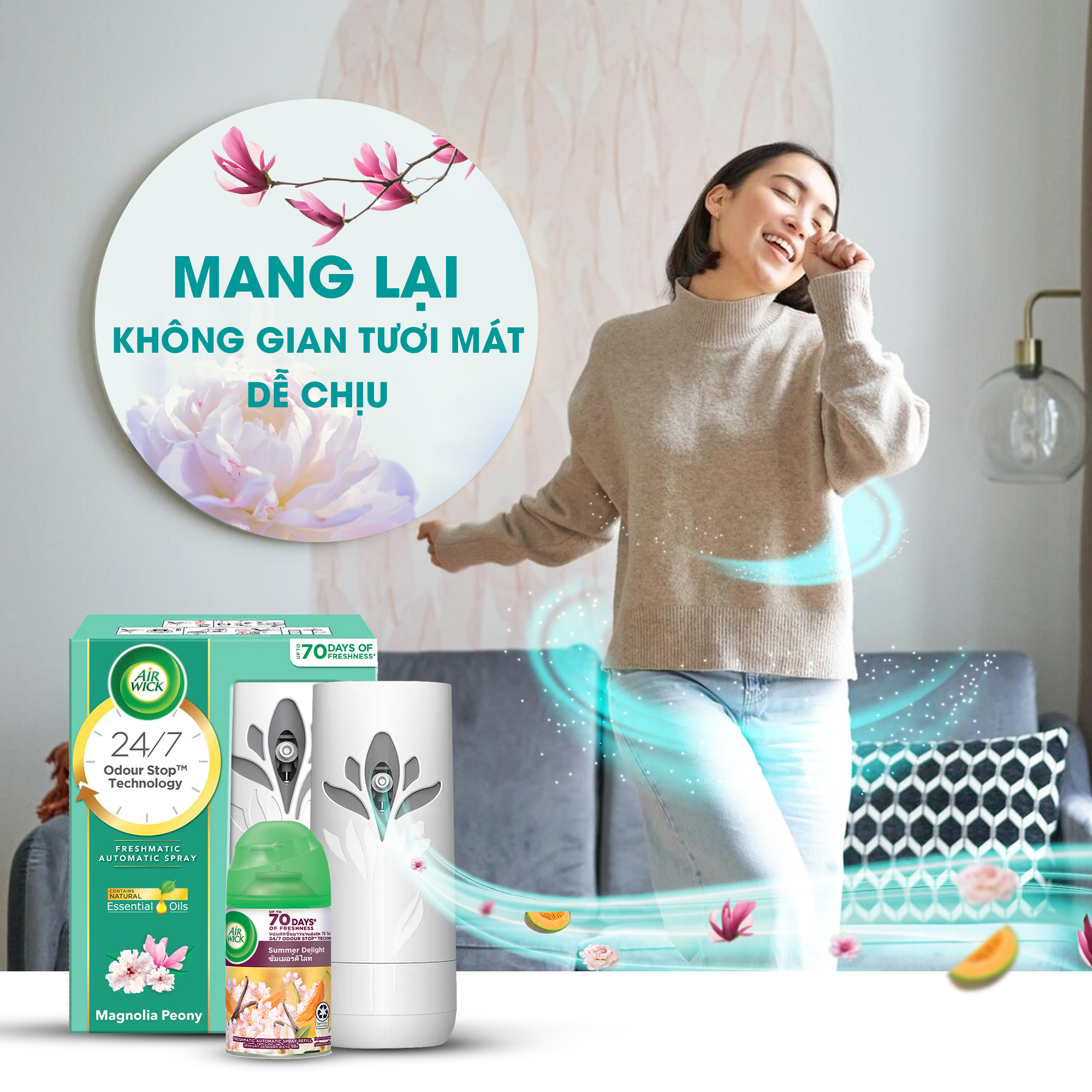 Bộ máy xịt phòng tự động Air Wick magnolia + lõi summer delight, mang lại hương thơm ngọt ngào, ngát hương 24/7