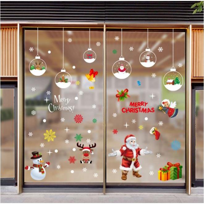 DECAL NOEL COMBO QUẢ CHÂU TRẮNG ÔNG GIÀ NOEL VÀ NGƯỜI TUYẾT