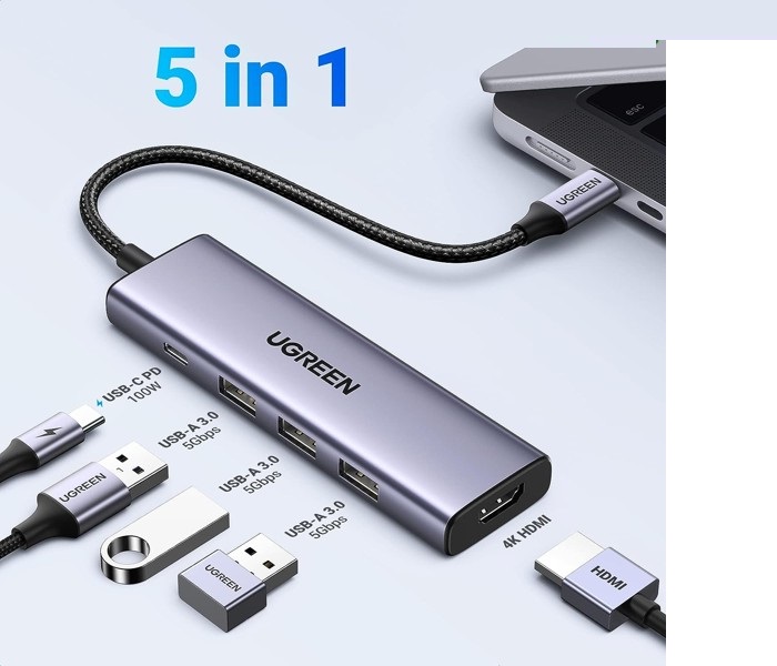 Hub chuyển đổi USB Type-C 5 trong 1 ra HDMI 4K@60Hz, USB-A x3, Sạc PD 100W Ugreen 15597 hàng chính hãng