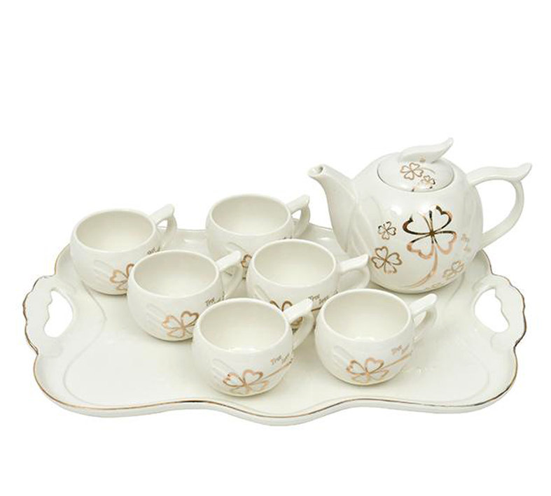 Bộ ấm chén kèm khay sứ pha trà trắng họa tiết  hoa 4 cánh - ANTH13