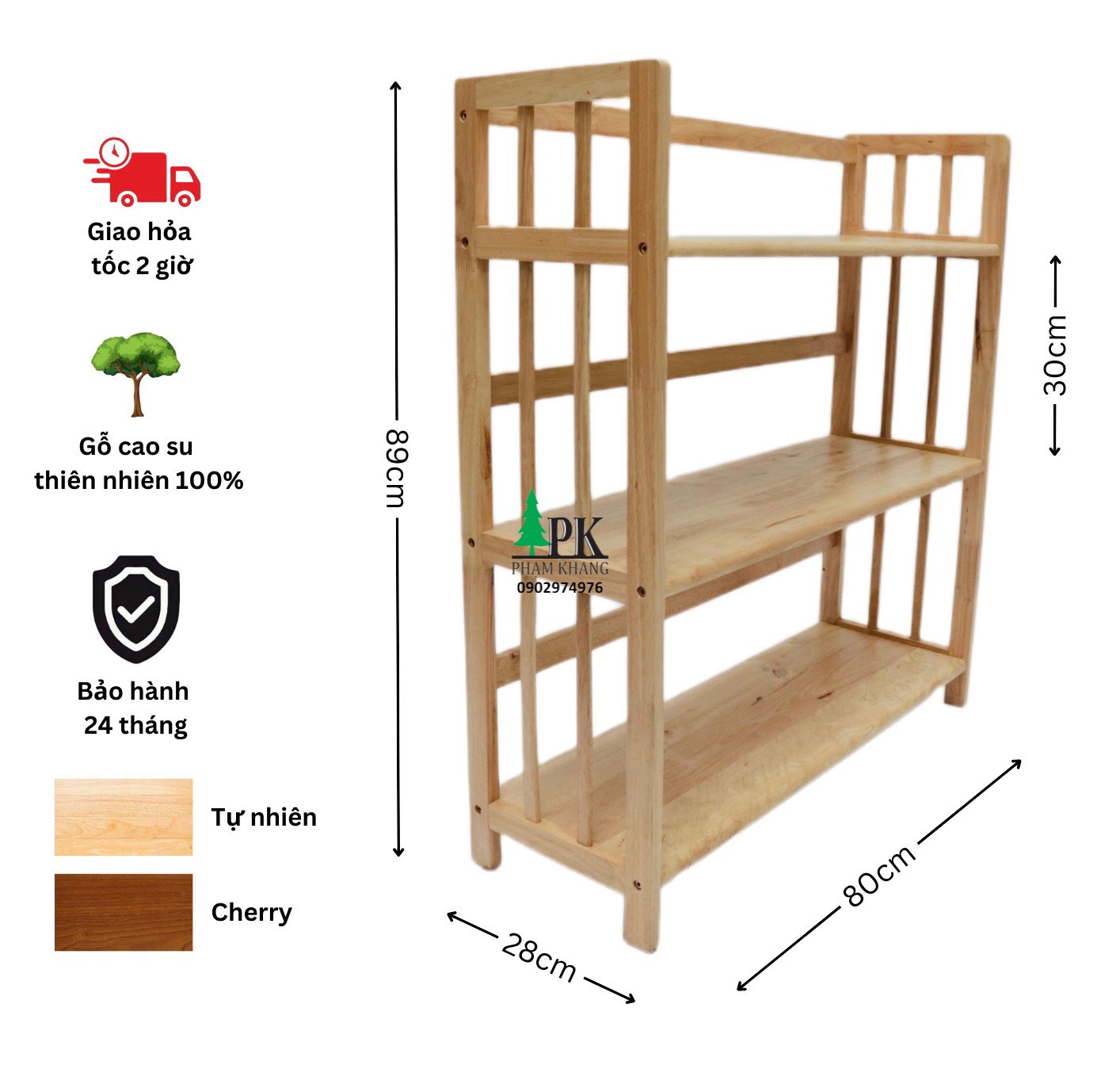 Kệ sách gỗ Phạm Khang 3 tầng rộng 80cm màu tự nhiên