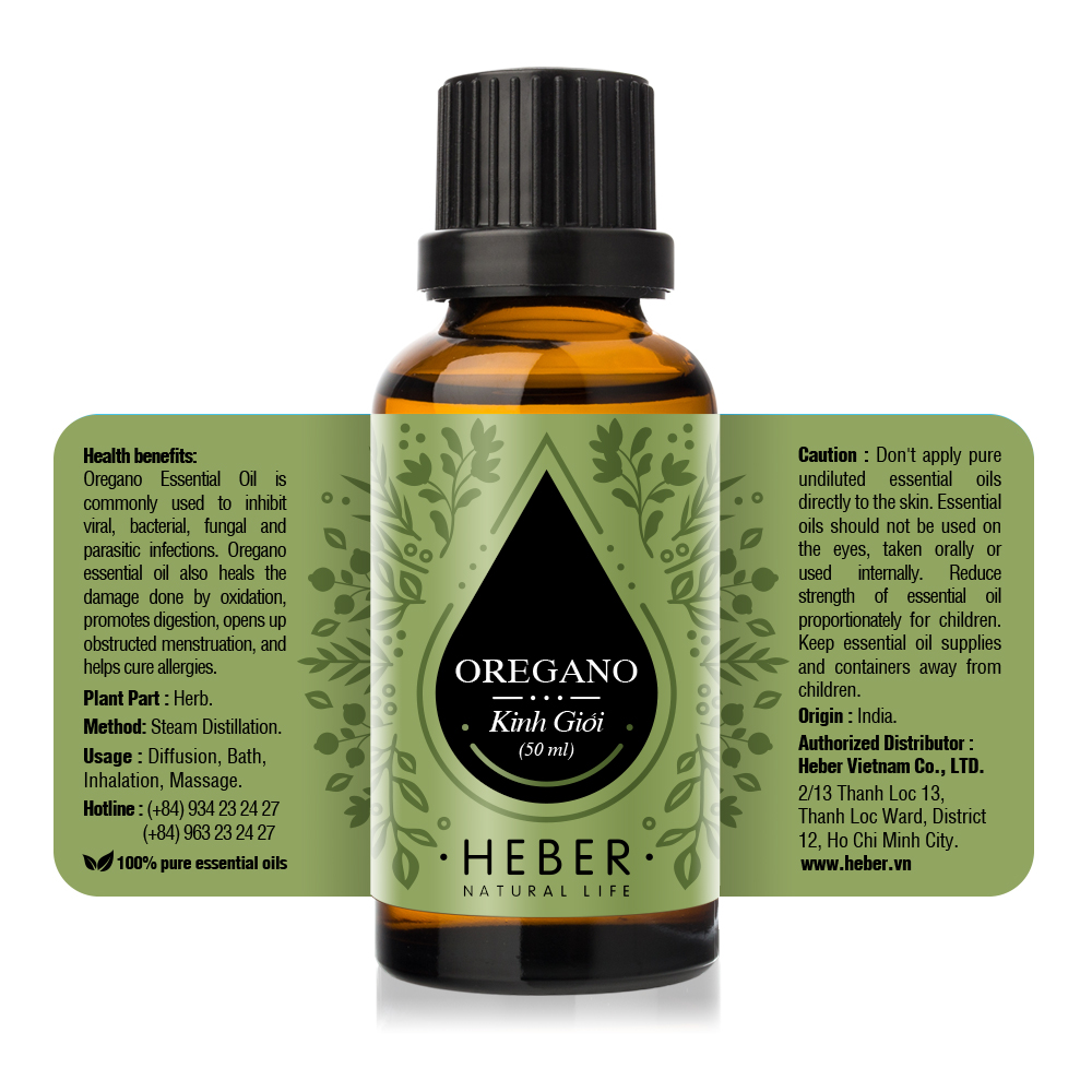 Tinh Dầu Kinh Giới Oregano Essential Oil Heber | 100% Thiên Nhiên Nguyên Chất Cao Cấp | Nhập Khẩu Từ Ấn Độ | Kiểm Nghiệm Quatest 3 | Xông Thơm Phòng | Hương Dịu Nhẹ