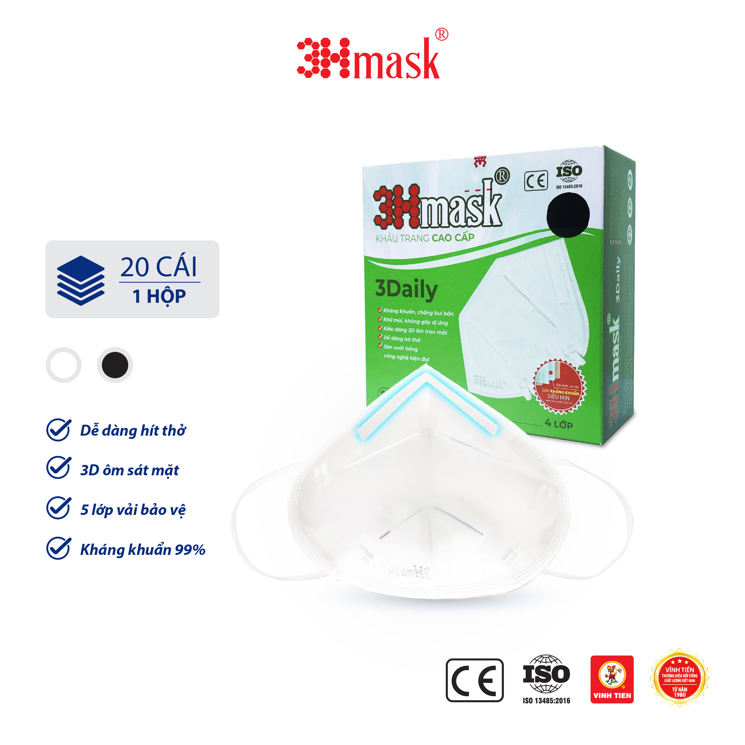 [Thùng 30 hộp] Khẩu Trang 3Hmask 3Daily Quai Tròn Đen (20 cái x 30 hộp)