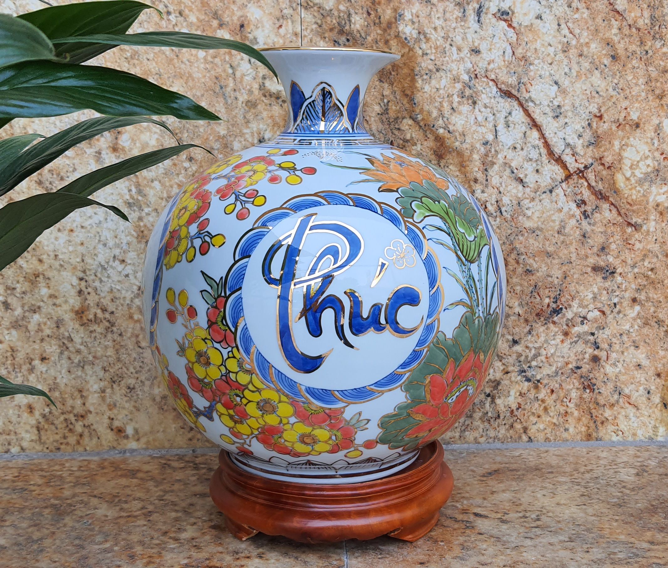Bình hút tài lộc Phúc Lộc Thọ vẽ vàng kim H32