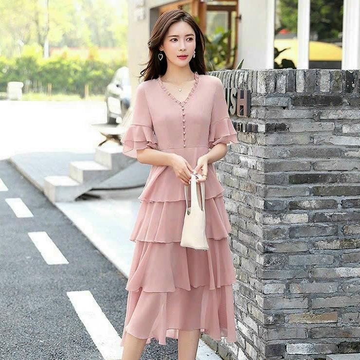 Đầm váy voan trung niên dự tiệc dạo phố 4 tầng đơn giản xanh hồng sang trọng