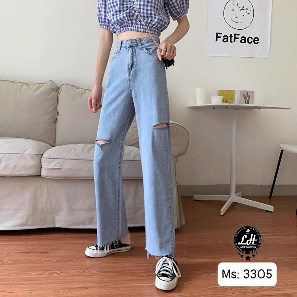 Quần jean ống rộng nữ rách sườn gối 2 line Lê Huy Fashion kiểu 1 nút hàng cao cấp MS 3305