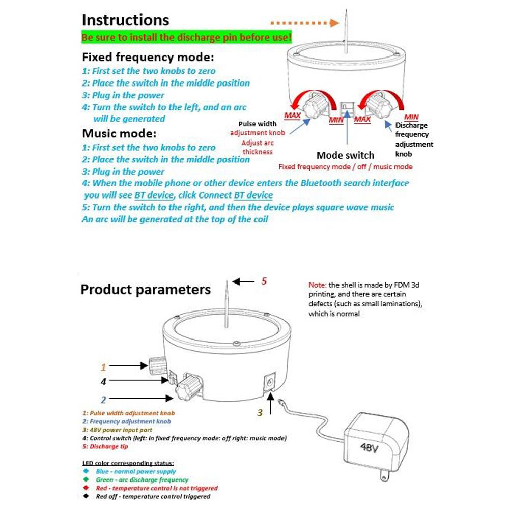 Multifunctional Circular Flat Tesla Coil Module BT Music Artificial Lightnings Pulse Width Adjustable Frequency Adjustment Electric Arc Generator Wireless Sound Transmission Science Experimental Tool Student Teaching Aids