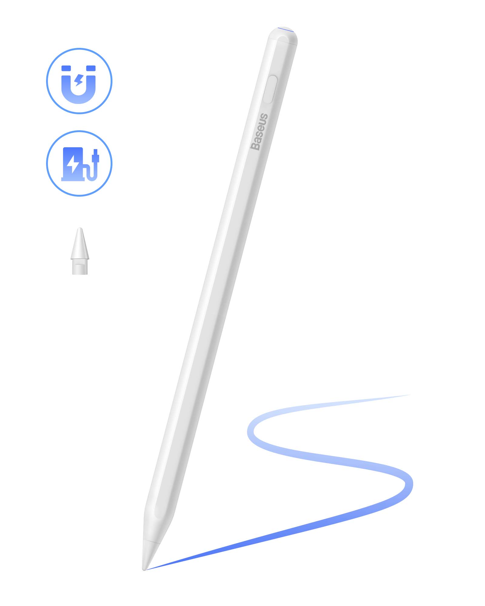 Bút Cảm Ứng Sạc 2 Chế Độ Baseus Smooth Writing 2 Series Dual Charging Stylus, White (Active Version Wireless/Cabled Charging, with Simple Series Data Cable White and active pen tip)(Hàng chính hãng)