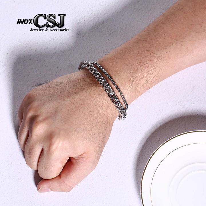 Lắc tay inox cao cấp 2 tầng bông dừa kết hợp khoen đang vuông đẹp, không đen chuẩn thời trang