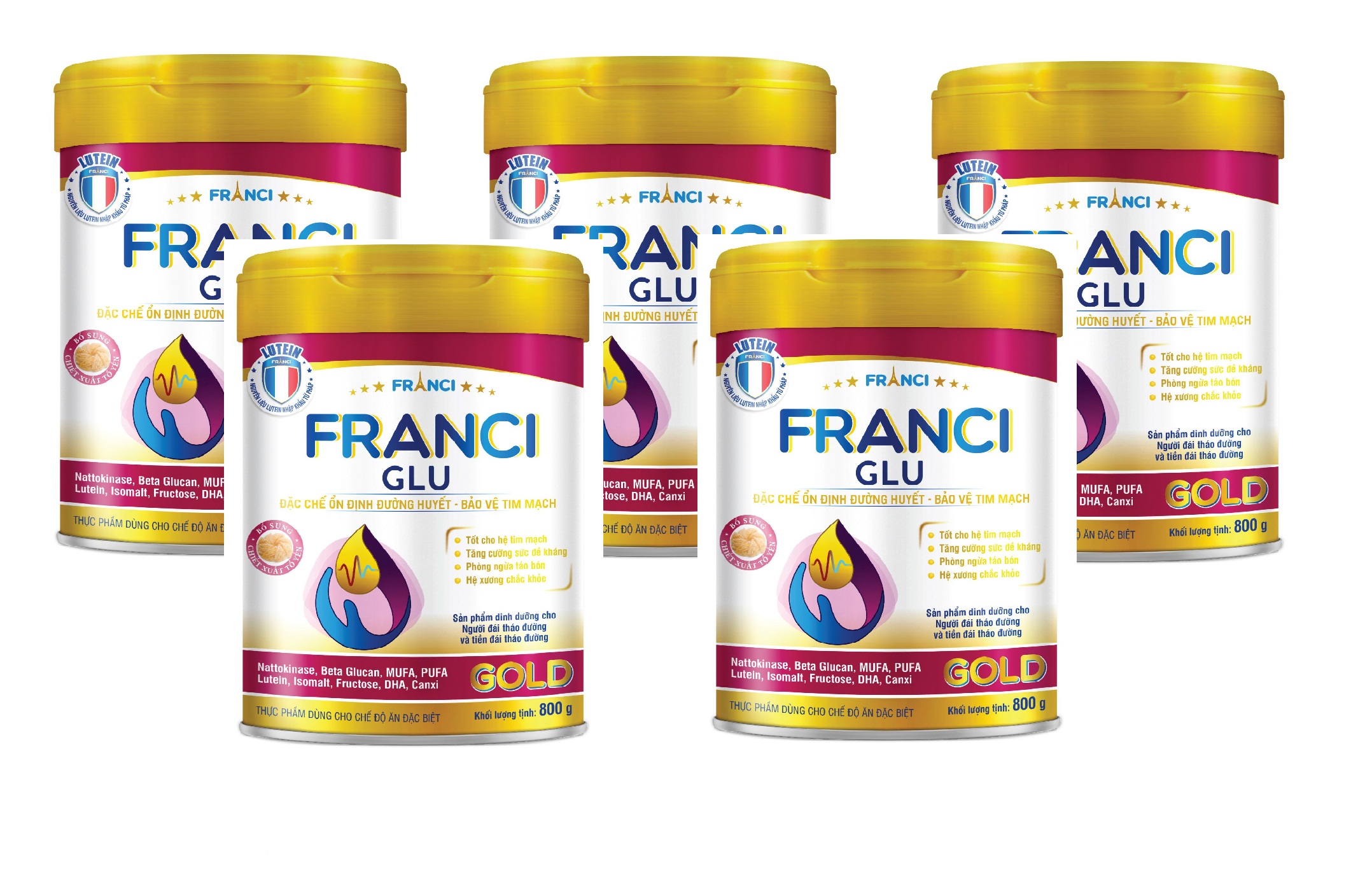 Combo 5 lon Sữa bột FRANCI GLU GOLD lon 800g – Ổn định đường huyết – Bảo vệ tim mạch