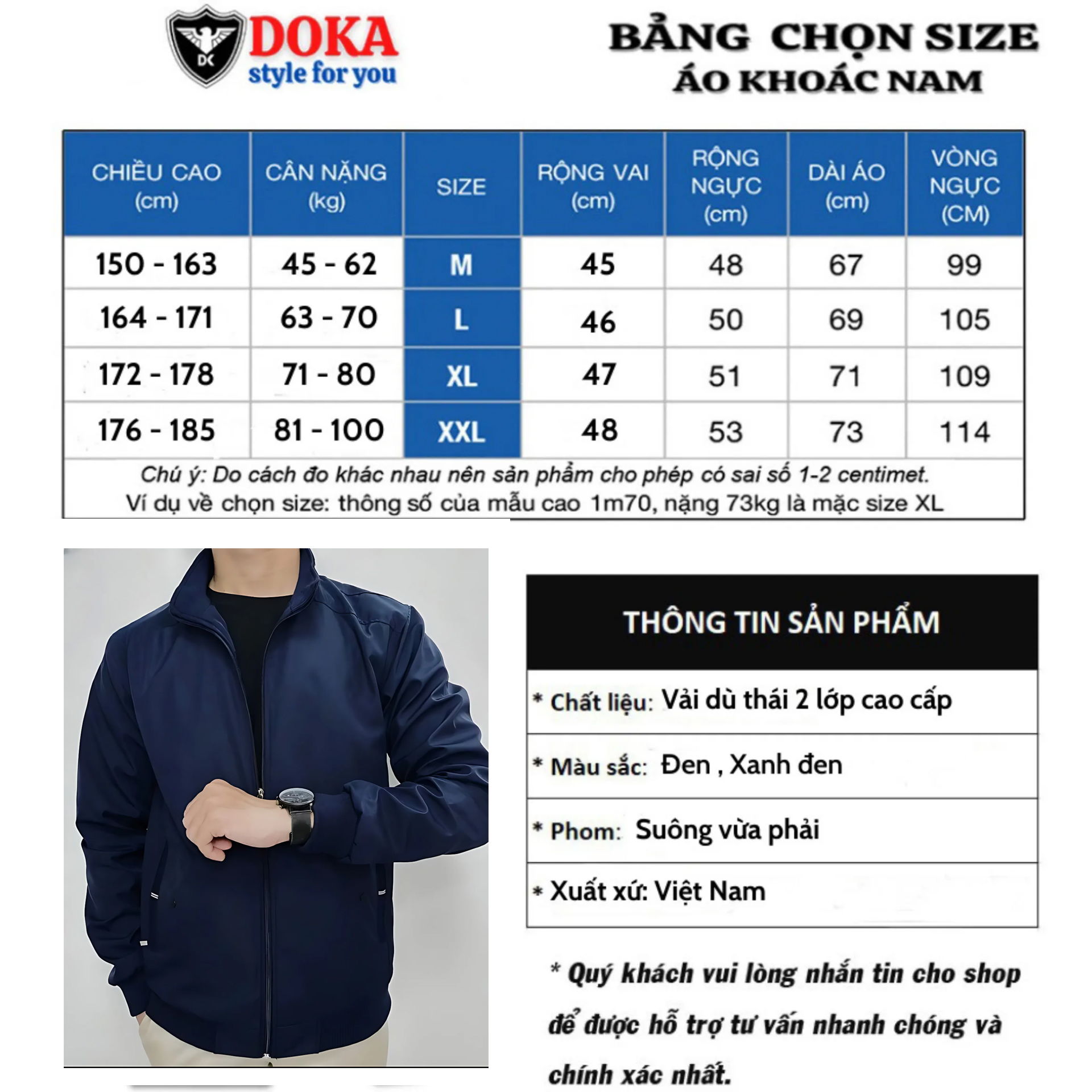 Áo khoác nam chống nắng gió thu đông Doka chất liệu dù giữ ấm cao cấp màu đen , màu xanh đen , màu xanh rêu
