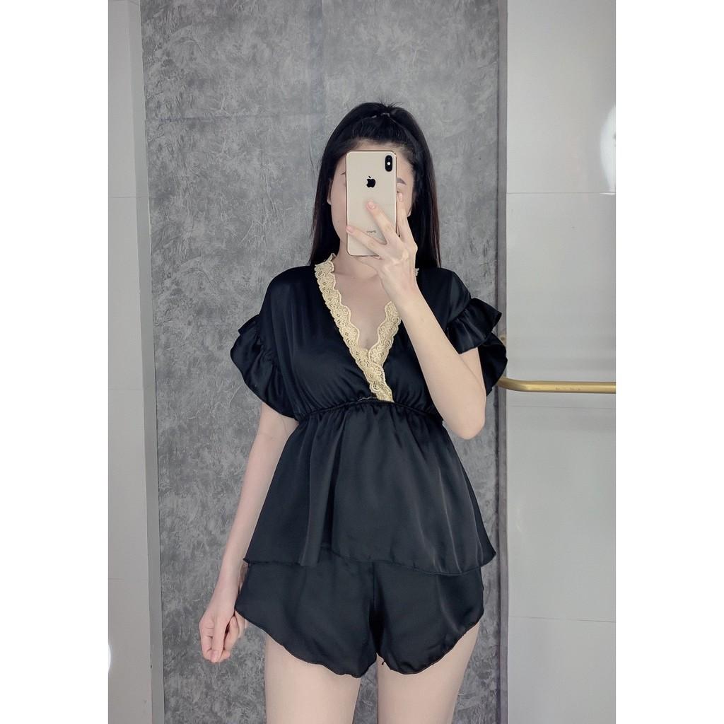 Đồ ngủ sexy áo cổ V quần đùi chất satin mặc ngủ thoải mái freesize