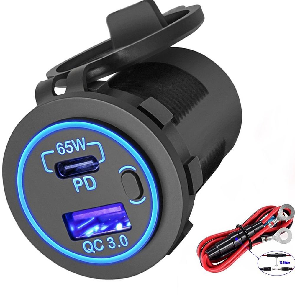 83W Máy tính xách tay Bộ sạc sạc ổ cắm 65W PD3.0 USB C và 18W QC3.0 Bộ sạc cổng USB với công tắc cho xe RV Marine Motocycle Boat