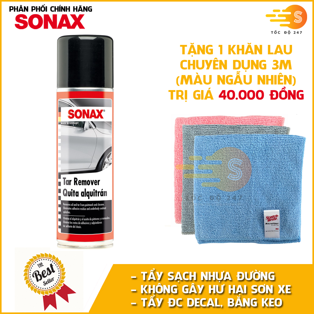 Dung dịch tẩy keo nhựa đường chuyên dụng Sonax 334200 300ml - tặng 1 khăn 3M màu ngẫu nhiên - Không hại sơn, tẩy sạch vết keo, nhựa trên sơn xe hoặc crôm