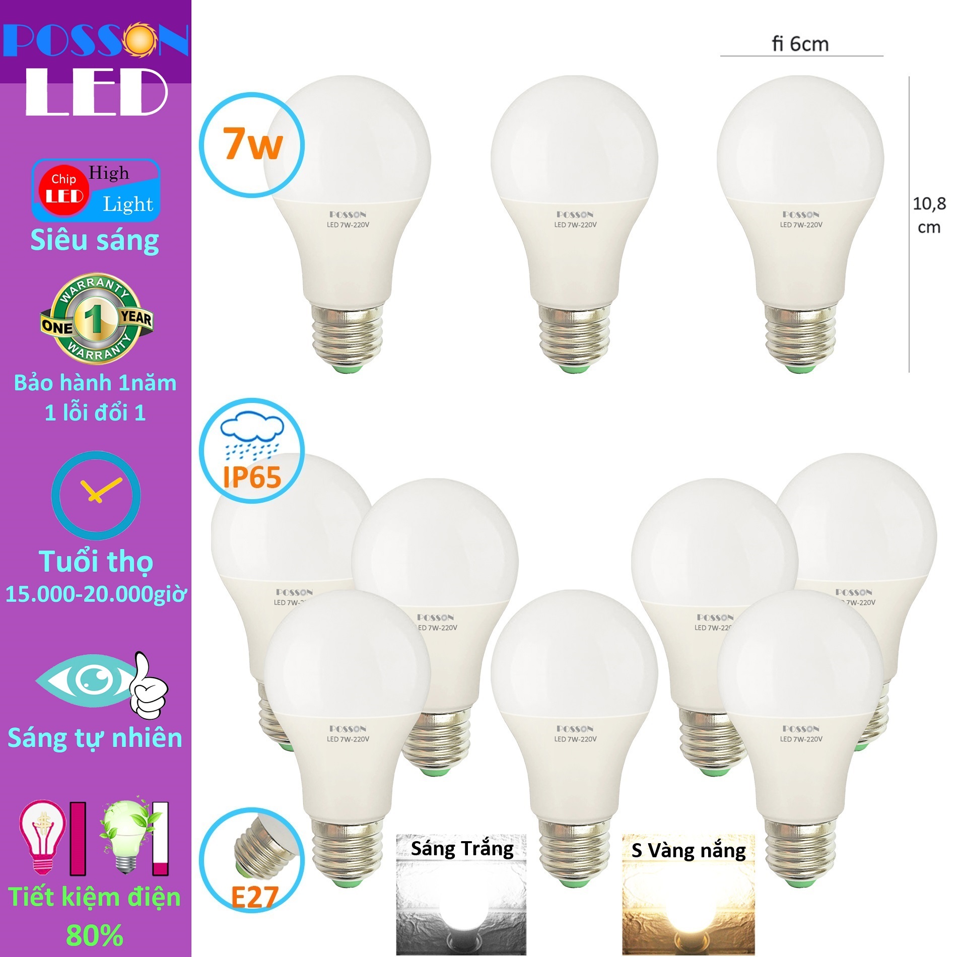 Sỉ 100 Bóng đèn Led 7w bup tròn A60 tiết kiệm điện thân kín chống nước mưa Posson LB-7x