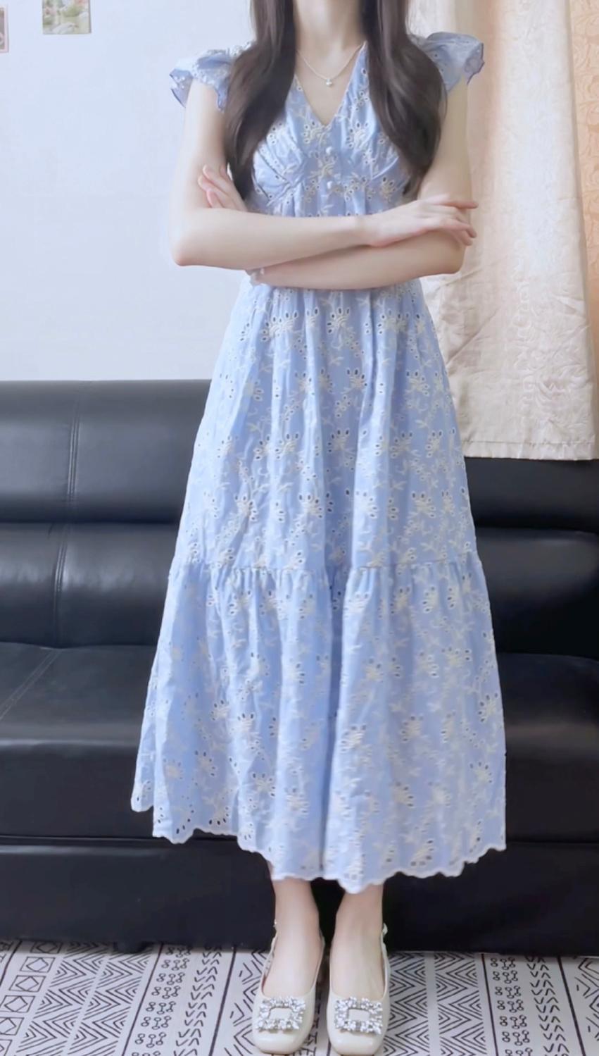DIYIWEI Phong cách Pháp ngọt ngào khí chất màu xanh cam cuống váy nữ sinh mùa hè thu eo lộ vẻ gầy trung dài mảnh hoa váy