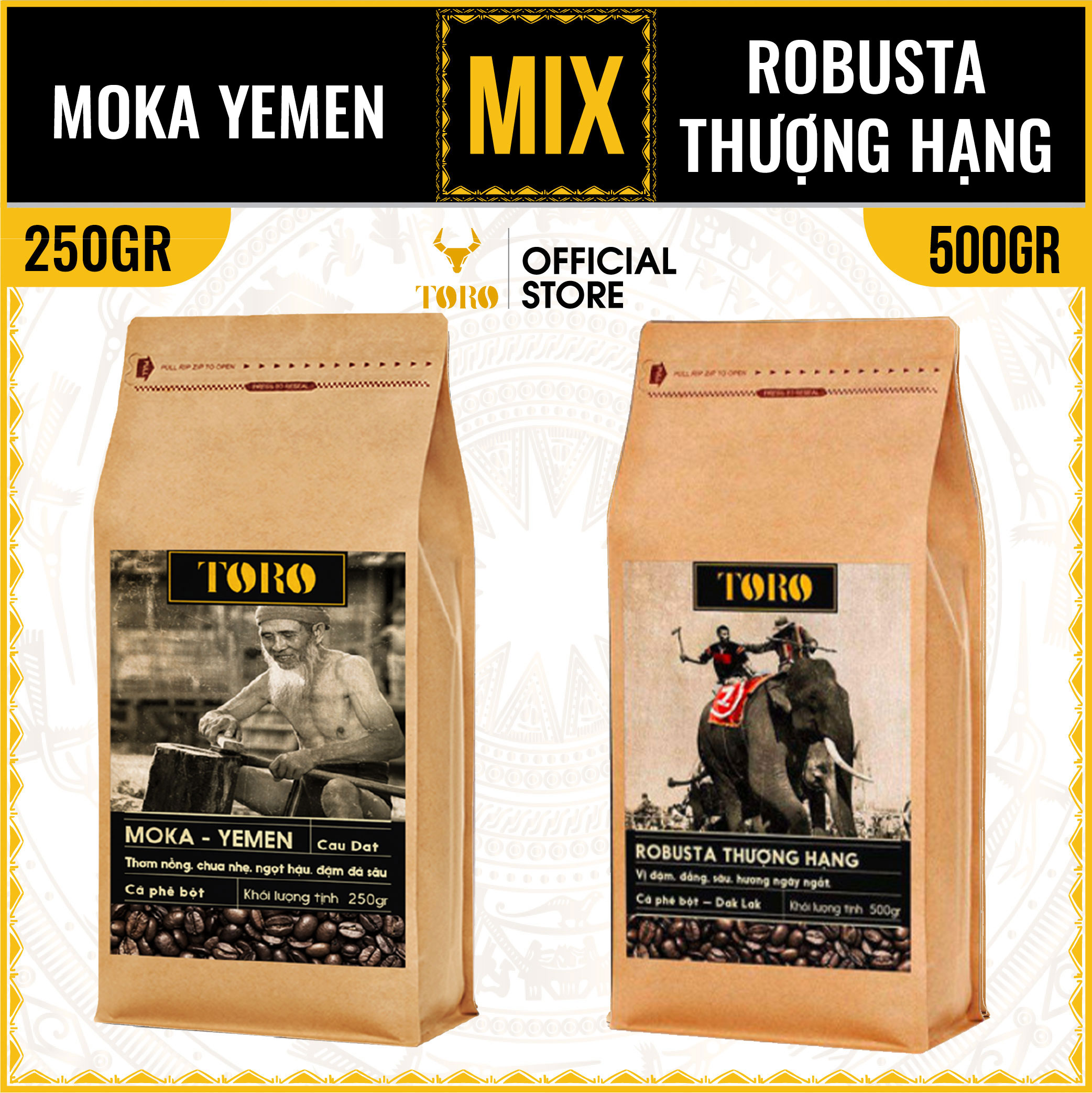 Bộ Mix Cà Phê Bột Toro Moka Yemen & Toro Robusta Thượng Hạng Nguyên Chất 100% | 250R & 500GR/Gói | TORO FARM