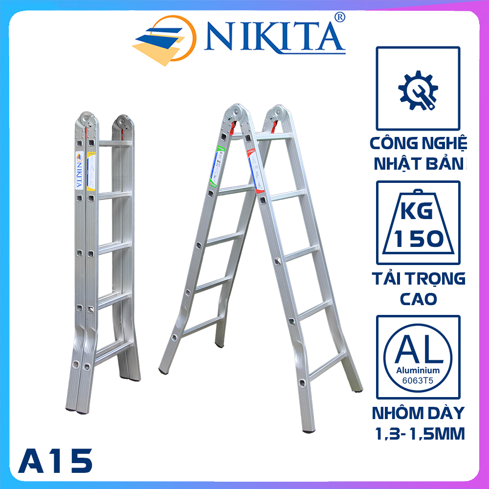Thang nhôm xếp đôi A15 khóa thang tự động, bậc thang chắc chắn, chân thang chống trượt, an toàn sử dụng cả khi duỗi thẳng, chính hãng Nikita