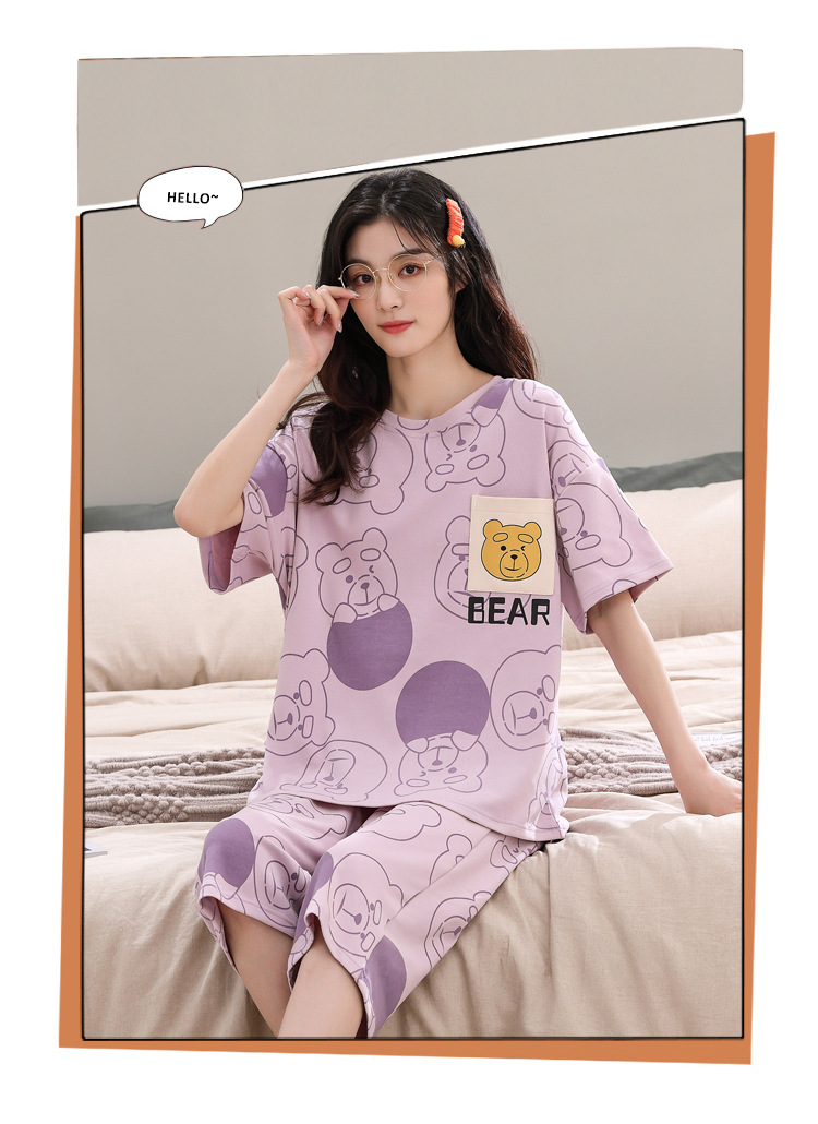Đồ bộ mặc nhà cotton tay ngắn quần lửng hình gấu tím nữ dễ thương 305