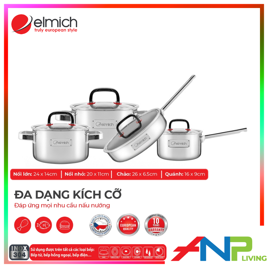 [Elmich EL-3329] BỘ NỒI 3 LỚP LIỀN ĐÁY INOX 304 SANG TRỌNG - CAO CẤP -ELMICH DIAMON 2353329 - HÀNG NHẬP KHẨU CHÍNH HÃNG