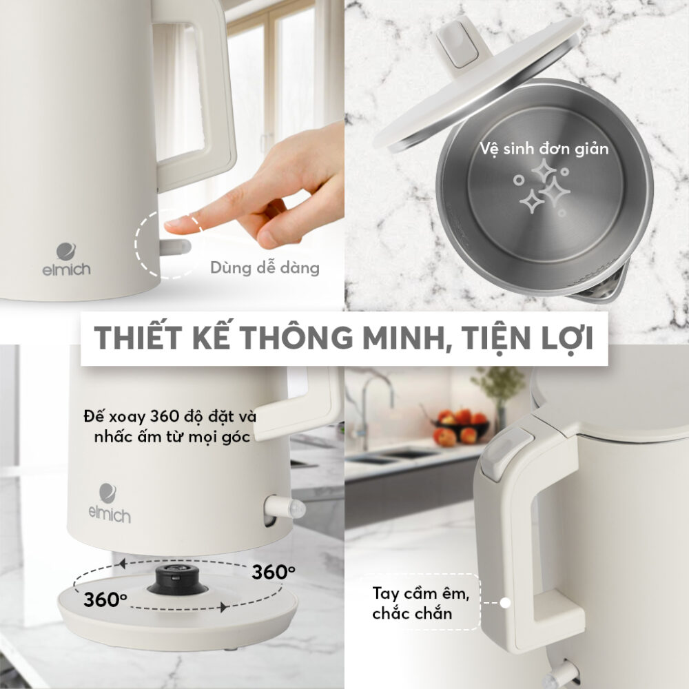 Ấm Đun Nước Siêu Tốc Elmich KEE9144 1.7L 1850W, Hàng Chính Hãng, Inox 304, Đun Sôi Nhanh 45s-JoyMall