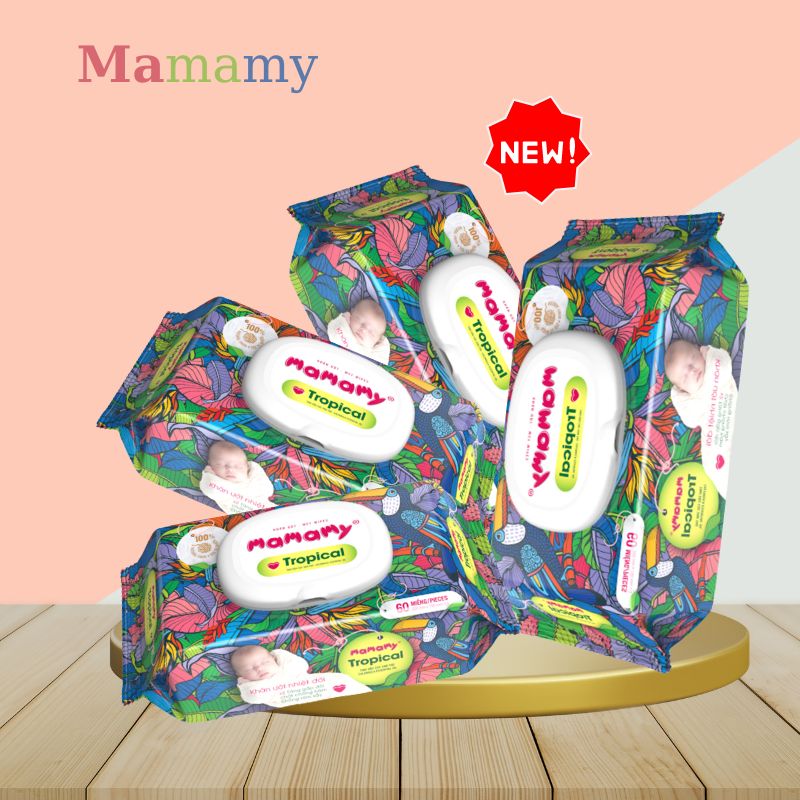 Khăn ướt Mamamy Tropical 90 tờ - 100 % sợi tự nhiên ngừa hăm , rôm sảy
