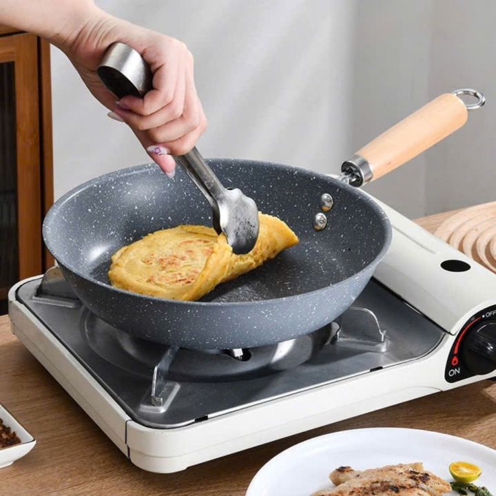 Chảo Chiên Đáy Nông Vân Đá 25cm Tay Cầm Gỗ Chảo Chống Dính Dễ Lau Chùi, Phù Hợp Mọi Loại Bếp Dẫn Nhiệt Đều Và Nhanh