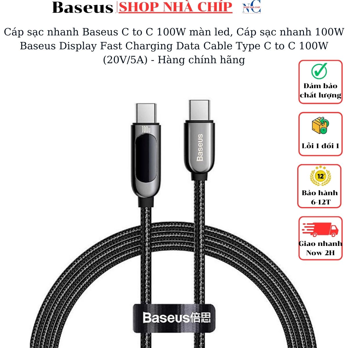 Cáp sạc nhanh Baseus C to C 100W màn led, Cáp sạc nhanh 100W Baseus Display Fast Charging Data Cable Type C to C 100W (20V/5A) - Hàng chính hãng