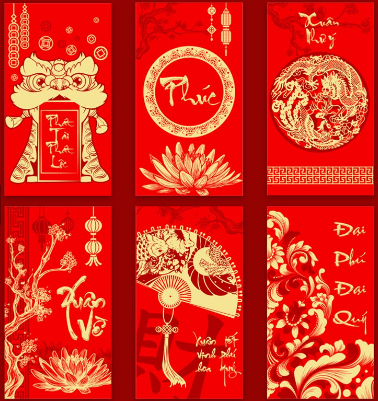 Bộ 6 Bao Lì Xì Tết Quý Mão 2023- Bao Lixi Tết Màu Đỏ In Chữ Nổi 3D Truyền Thống