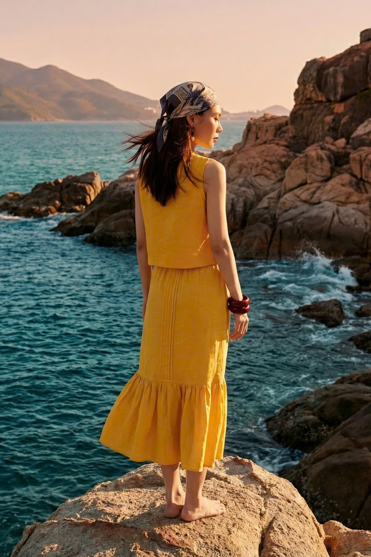 Váy Midi Lưng Thun Linen Vàng Tràng An SKI052 thời trang thiết kế Hity