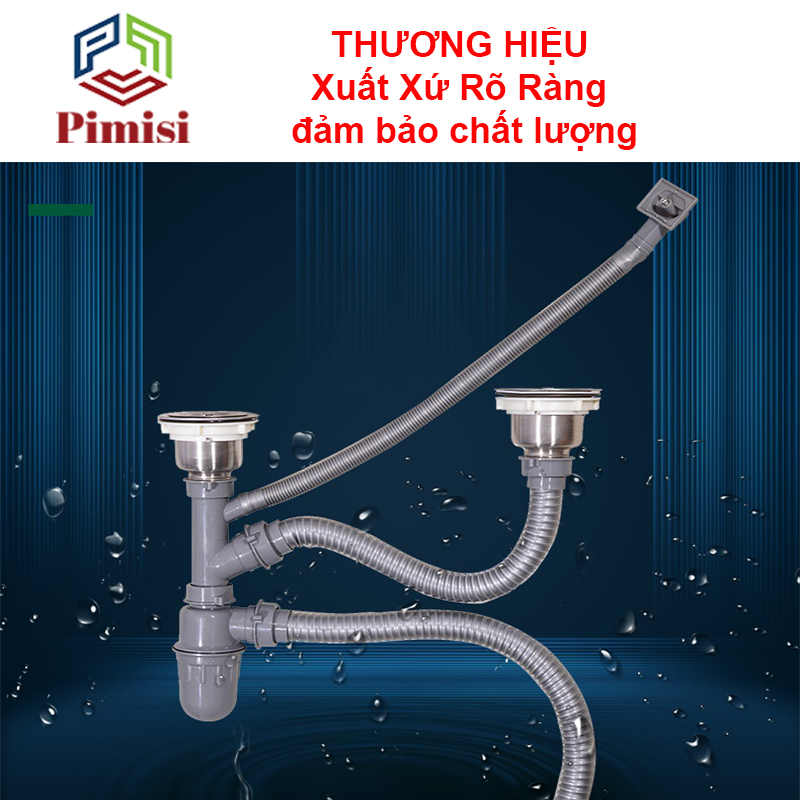 Bộ xi phông chậu rửa bát 2 hố phi 110 inox 304 Pimisi dùng để xả nước chậu rửa chén 2 hộc - có đầu thoát tràn | Hàng chính hãng