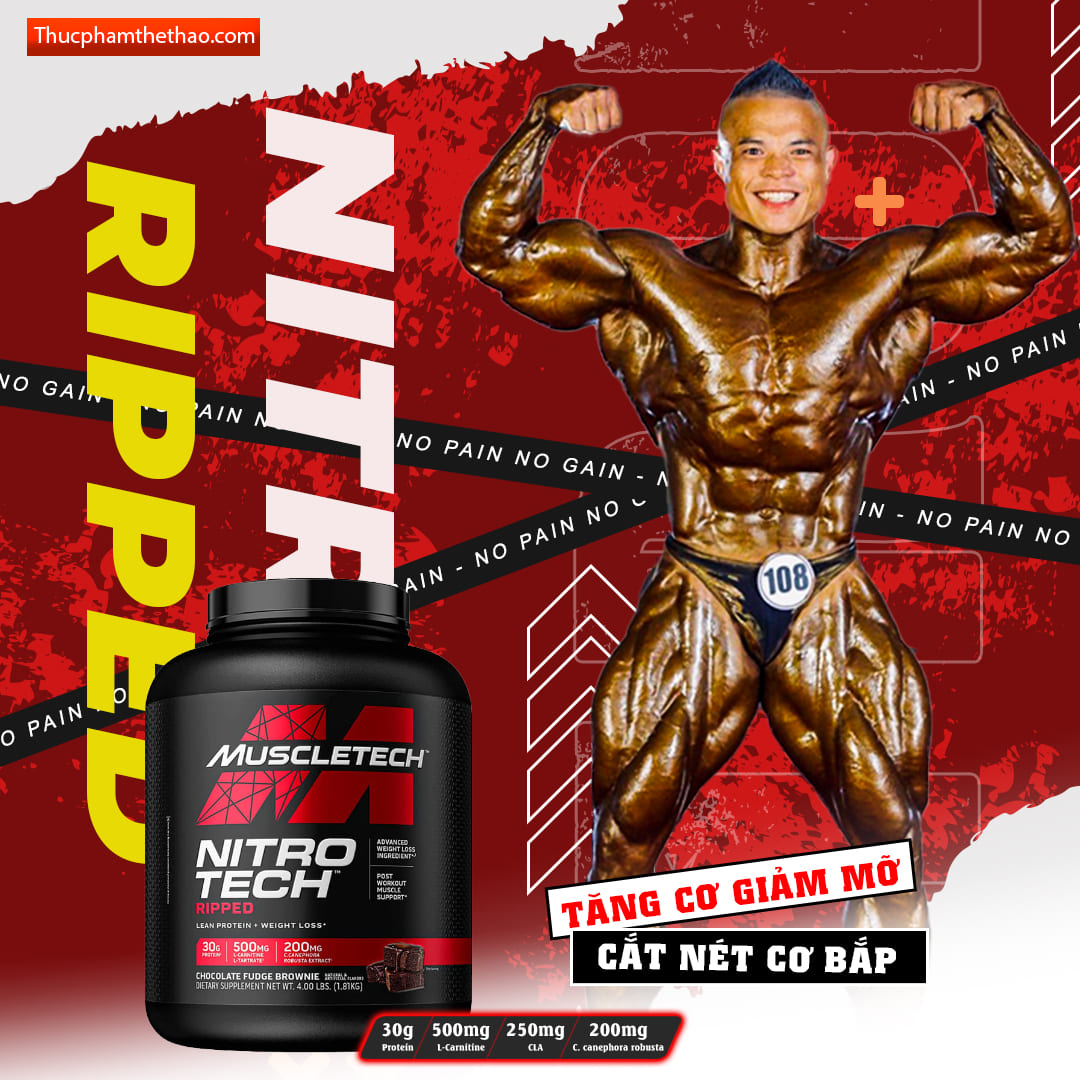 Sữa tăng cơ, giảm mỡ Muscletech Nitro Tech Ripped - Hộp 4lbs (1.8g) – Hỗ trợ phục hồi, phát triển cơ bắp, giảm mỡ thừa cho người tập thể hình và thể thao - Hàng chính hãng Muscletech USA - Mùi Chocolate - Kèm Quà Tặng