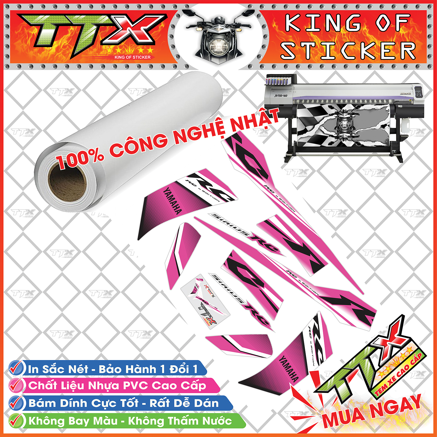 Tem dành cho xe sirius rc , Team phụ kiện sirius màu hồng chữ đen nền trắng đẹp xuất sắc , Shop TTX tem rời sirius mã (S0015/A9)