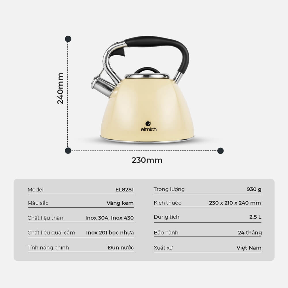 Ấm Đun Nước Elmich EL-8281 2.5L, Hàng Chính Hãng, Có Còi Báo, Inox 304, Dùng Được Mọi Bếp - JoyMall